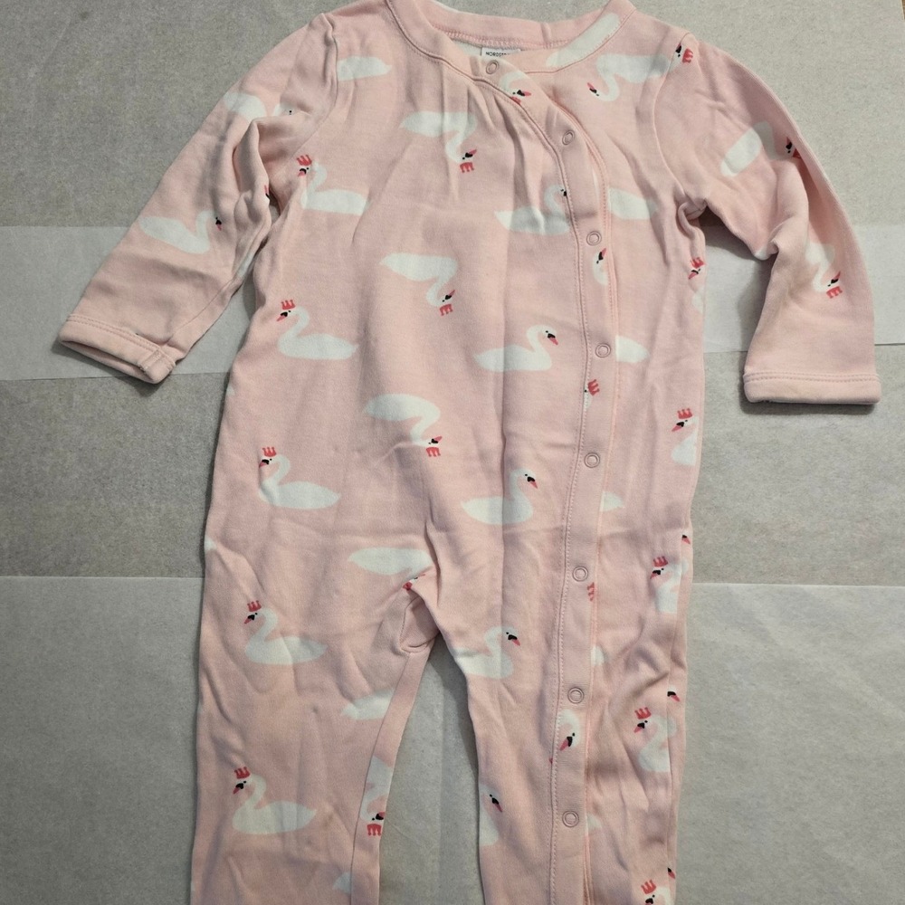 Nordstrom Baby Pink Swan Print Footed Sleeper Snap Up Romper 6 Months - Picture 7 of 8
